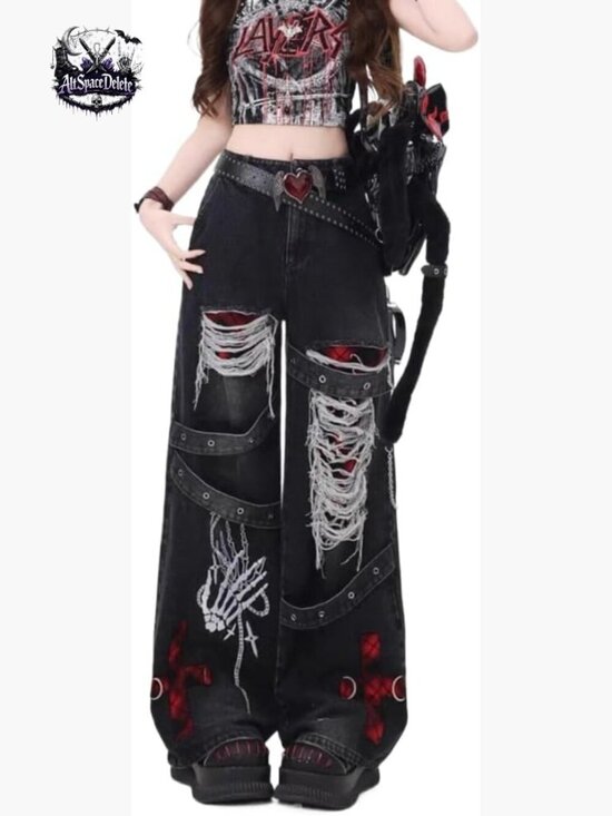 Denim - High Waist Ripped Baggy Jeans Straight Leg Goth Grunge Pants